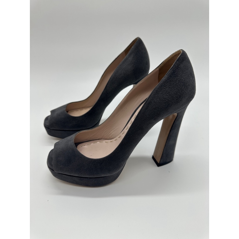 Miu Miu Gray Suede Peep Toe Platform Heels Size 37.5 (US 7) with Dust Bag - Picture 2 of 7